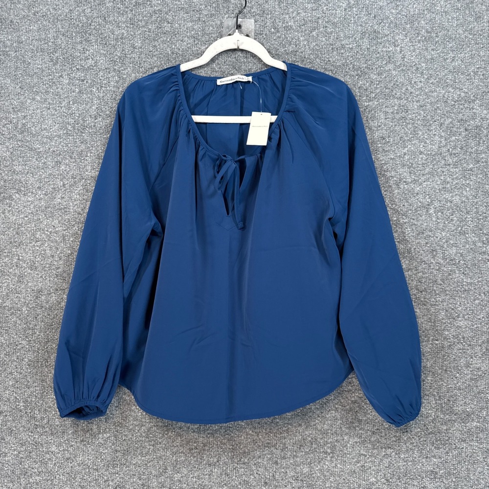 Abercrombie & Fitch Blouse Women Small Blue Tie Neck Long Sleeve Peasant NEW